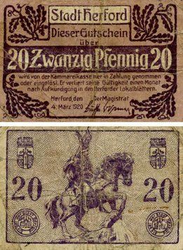 Banknote Germany Notgeld 20 pfennig 1920 F-VF Herford