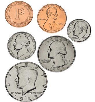 Coins set USA set of 6 coins 1989 UNC P 1, 5, 10, 25, 50 cents, medal