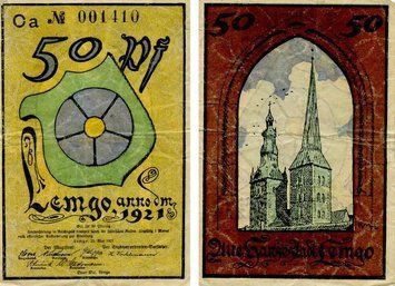 Banknote Germany Notgeld 50 pfennig 1921 F-VF Lemgo Variety 2