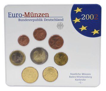 Набір монет Німеччина набір з 8 монет євро 2002 UNC G 1, 2, 5, 10, 20, 50 євроцентів, 1, 2 євро в сувенірній упаковці М19742 фото