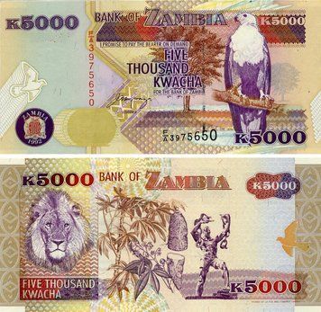 Банкнота Замбія 5000 квач 1992 UNC Лев (P41) Б23607 фото