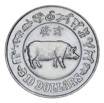 Монета Сінгапур 10 доларів 1983 UNC Східний календар &mdash; Рік Свині (Кабана) М22419 фото