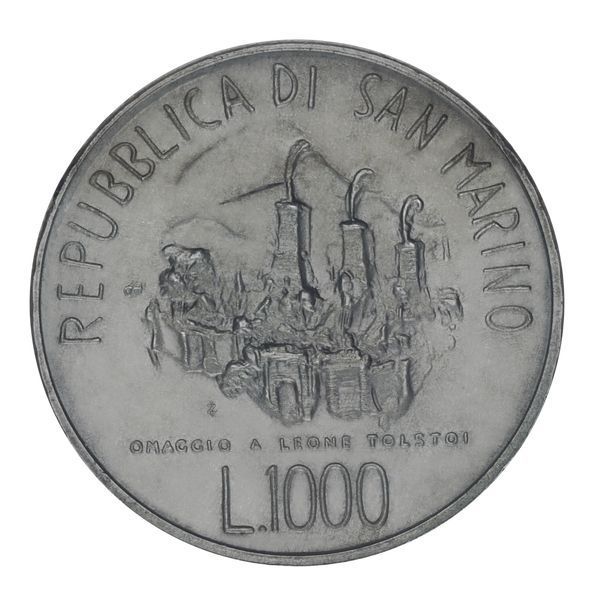 Coin San Marino 1000 lire 1978 Silver F-VF 150th Anniversary of the Birth of Leo Tolstoy