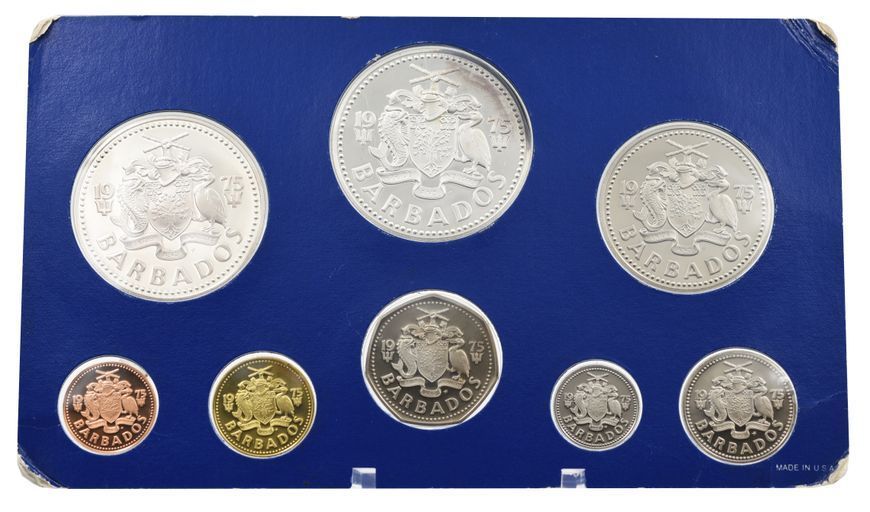 Набор монет Барбадос набор из 8 монет 1975 Proof 1, 5, 10, 25 центов, 1, 2, 5, 10 (серебро) долларов М23813 фото
