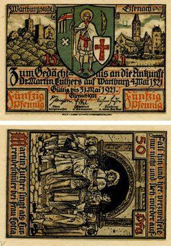 Banknote Germany Notgeld 50 pfennig 1921 F-VF Eisenach Variety 6