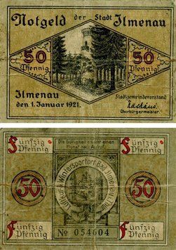 Banknote Germany Notgeld 50 pfennig 1921 F-VF Ilmenau Variety 1