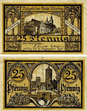 Banknote Germany Notgeld 25 pfennig 1921 F-VF J&uuml;terbog