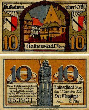 Banknote Germany Notgeld 10 pfennig 1920 F-VF Halberstad Variety 1