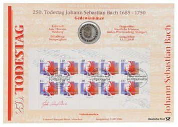 Монета Німеччина 10 марок 2000 UNC F Композитор - Йоганн Себастьян Бах у сувенірній упаковці М21726 фото