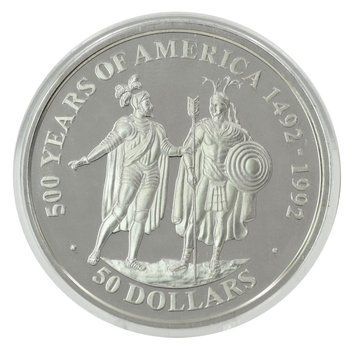 Монета Острови Кука 50 доларів 1990 Срібло Proof 500 років Відкриттю Америки &ndash; Ернан Кортес і Монтесума II М22596 фото