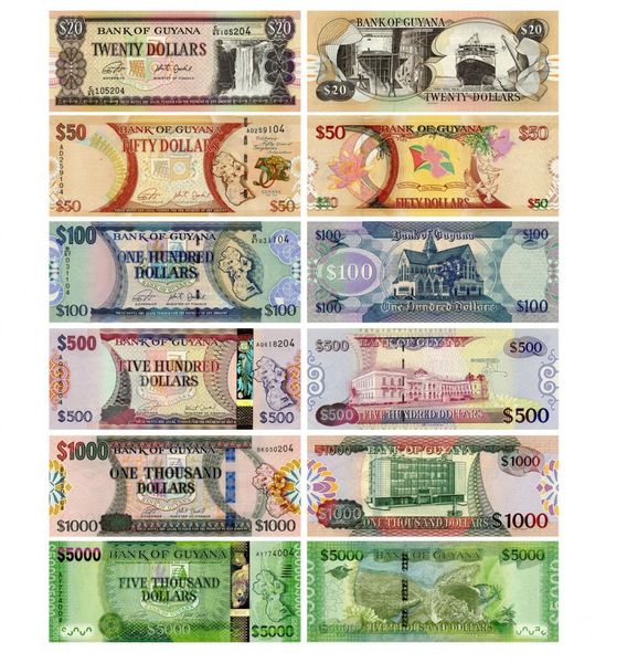 Guyana set of 6 banknotes 1996 - 2019 UNC 20, 50, 100, 500, 1000, 5000 dollars