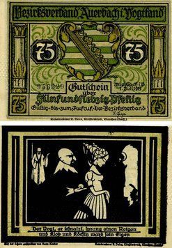 Banknote Germany Notgeld 75 pfennig 1921 F-VF Auerbach Variety 1