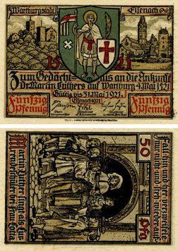 Banknote Germany Notgeld 50 pfennig 1921 F-VF Eisenach Variety 7