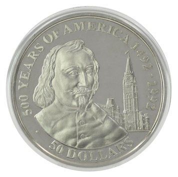 Монета Острови Кука 50 доларів 1990 Срібло Proof 500 років Відкриттю Америки &ndash; Самюель де Шамплен М22597 фото