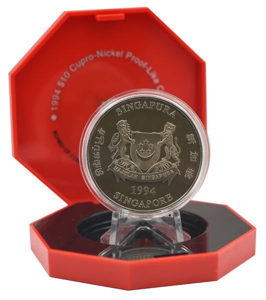 Монета Сингапур 10 долларов 1994 Proof-like Восточный календарь - Год собаки в сувенирной упаковке М22532 фото