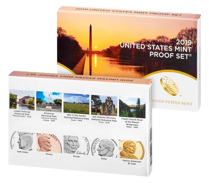 Набор монет США набор из 10 монет 2019 Proof S 1, 5, 10, 50 центов, 1 доллар и 5 монет по 25 центов парки США М14799 фото
