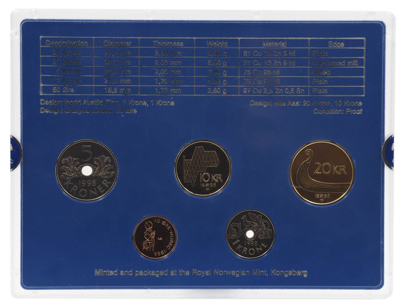 Норвегия набор из 5 монет 1998 Proof 50 эре, 1, 5, 10, 20 крон в сувенирной упаковке М20253 фото