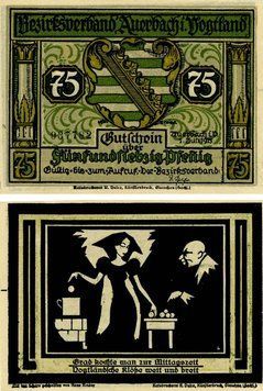 Banknote Germany Notgeld 75 pfennig 1921 F-VF Auerbach Variety 2