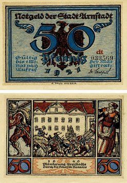 Banknote Germany Notgeld 50 pfennigs 1921 F-VF Arnstadt. Reichstag