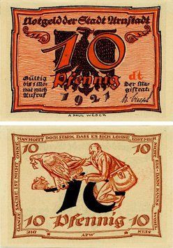 Banknote Germany Notgeld 10 pfennigs 1921 F-VF Arnstadt. Dt series