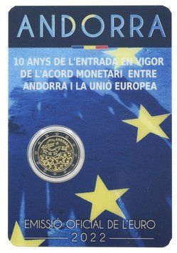 Coin Andorra 2 euro 2022 Bimetal UNC 10th anniversary of the entry into force of the monetary agreement between Andorra and the EU