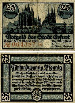 Banknote Germany Notgeld 25 pfennig 1920 F-VF Erfurt