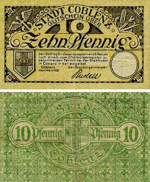 Banknote Germany Notgeld 10 pfennig 1920 F-VF Koblenz