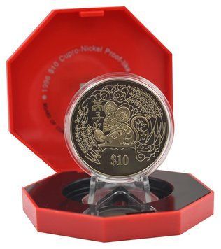 Монета Сінгапур 10 доларів 1996 Proof-like Східний календар &mdash; Рік щура (миші) в сувенірній упаковці М22533 фото