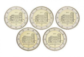 Набір монет Німеччина набір з 5 монет по 2 євро 2017 A, D, F, G, J &laquo;Рейнланд-Пфальц, Порта Нігра&raquo; UNC М08401 фото