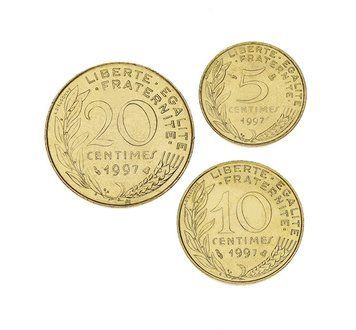 Набір монет Франція набір з 3 монет 1997-1998 UNC 5, 10, 20 сантимів М15827 фото