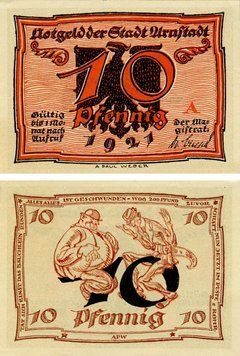 Banknote Germany Notgeld 10 pfennigs 1921 F-VF Arnstadt. Series A