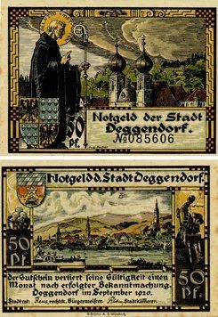 Banknote Germany Notgeld 50 pfennig 1920 F-VF Deggendorf Variety 2