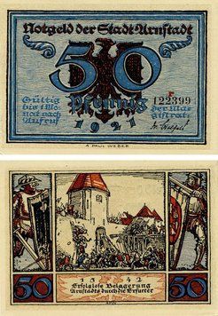 Banknote Germany Notgeld 50 pfennigs 1921 F-VF Arnstadt. Siege