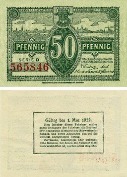 Banknote Germany Notgeld 50 pfennig 1922 F-VF Mecklenburg Variety 1
