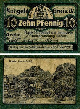 Banknote Germany Notgeld 10 pfennig 1921 F-VF Greiz