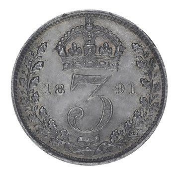 Монета Великобританія 3 пенси 1891 Срібло F-VF М21448 фото