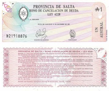 Аргентина 1 Аустраль 1 987 UNC провінція Сальта (S2612e) Б08795 фото