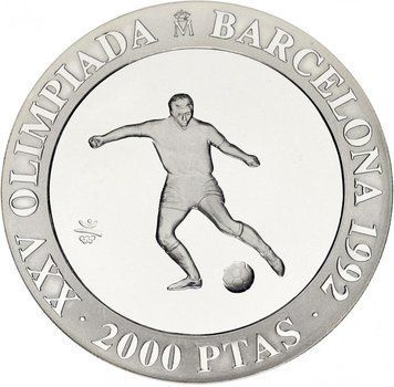 Монета Іспанія 2000 песет 1990 Срібло UNC Олімпійські ігри в Барселоні в 1992 році Футбол (KM#862) М12176 фото