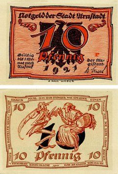Banknote Germany Notgeld 10 pfennigs 1921 F-VF Arnstadt. R series