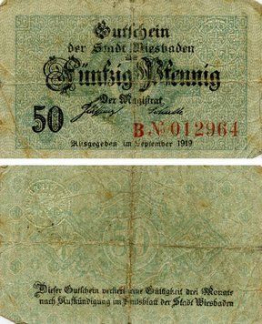 Banknote Germany Notgeld 50 pfennig 1919 F-VF Wiesbaden