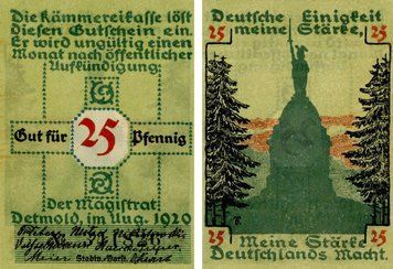 Banknote Germany Notgeld 25 pfennigs 1920 F&ndash;VF Detmold Variety