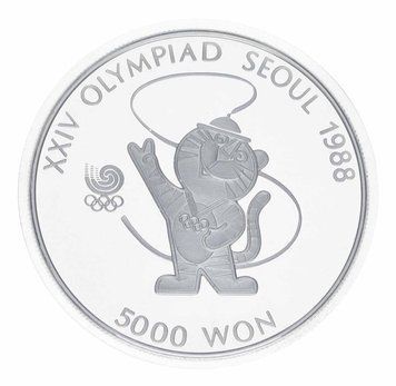 Coin South Korea 5000 won 1986 Silver Proof XXIV Summer Olympic Games in Seoul 1988 - Mascot