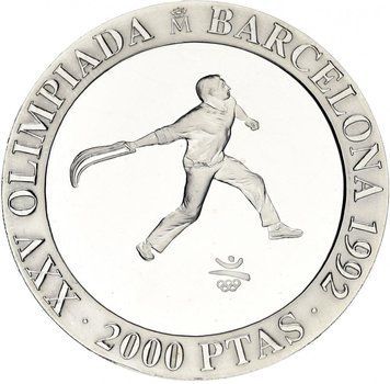 Монета Іспанія 2000 песет 1990 Срібло UNC Олімпійські ігри в Барселоні в 1992 році Баскська пелота (KM#867) М12177 фото