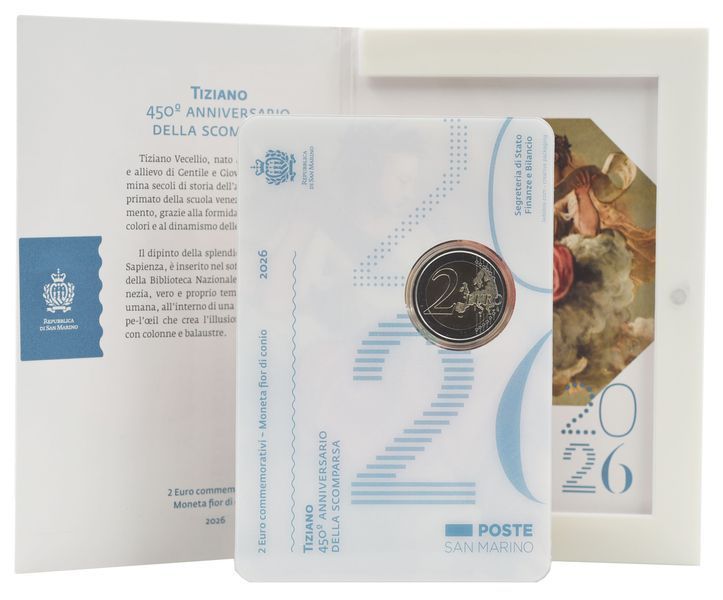 Монета Сан-Марино 2 євро 2026 Біметал UNC 450 років від дня смерті Тиціана у сувенірній упаковці М25597 фото