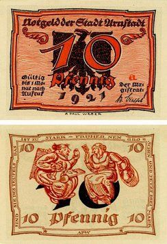 Banknote Germany Notgeld 10 pfennigs 1921 F-VF Arnstadt. Serie a Variety
