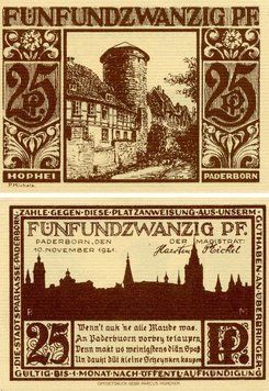 Banknote Germany Notgeld 25 pfennig 1921 F-VF Paderborn