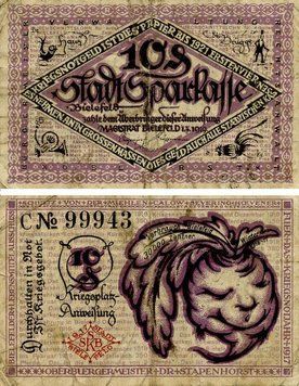Banknote Germany Notgeld 10 pfennig 1919 F-VF Bielefeld Variety 2
