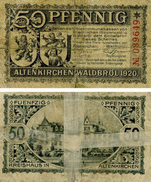 Banknote Germany Notgeld 50 pfennig 1920 F-VF Waldbr&ouml;l