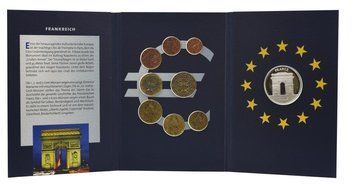 Набір монет Франція набір з 9 монет євро 1999-2001 UNC 1, 2, 5, 10, 20, 50 євроцентів, 1, 2 євро, медаль (срібло) М21450 фото