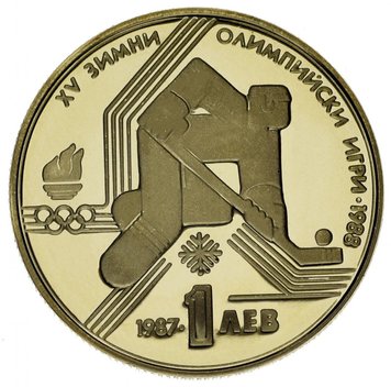 Болгарія 1 лев 1987 UNC Пам'ятна Зимові олімпійські ігри в 1988 році Хокей (KM#175) М13066 фото